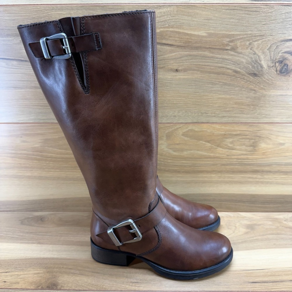 RIEKER Tall Riding Boots‎ Womens 5.5 EU 36 Brown Leather Buckle Zip Fleece Lined